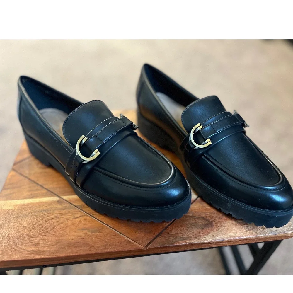 Easy Spirit Womens Black Lug Sole Loafers Metallic Strap Shoes‎ 9.5M